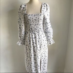 NWT House of Harlow 1960 Sustainable Fashion Linen Smocked Midi Dress Blue